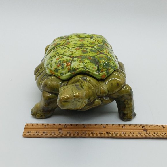 Vtg Arnels Pottery Turtle Candy Dish Lidded Trinket Ceramic Green Orange Speckle - Picture 10 of 10